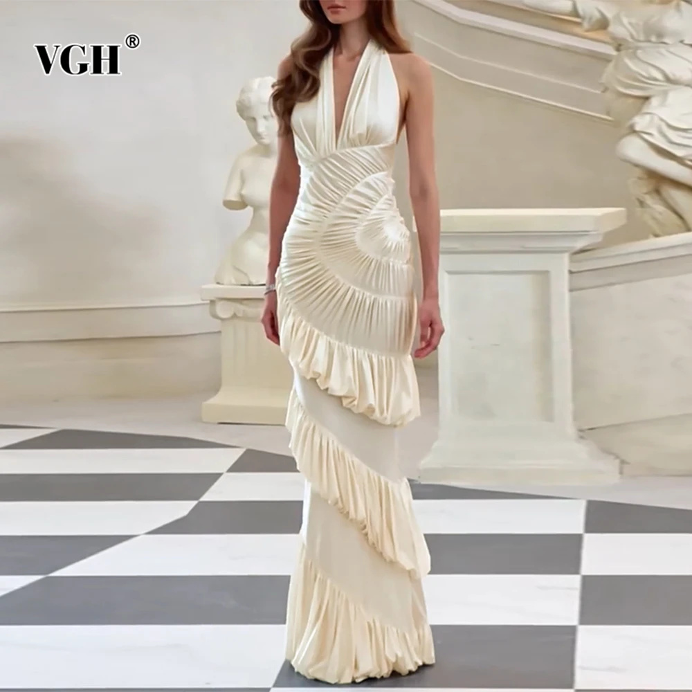 

VGH Designer Slimming Solid Evening Dresses For Women V Neck Sleeveless Backless High Waist Sexy Folds Dress Female Fashion New