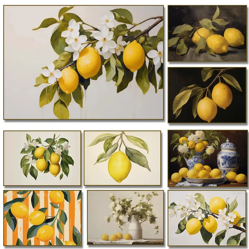 Moody Vintage Gelbe Zitrone auf Ast Blumenvase Leinwand Malerei Antik Poster Druck für Wohnzimmer Küche Dekor Cuadros