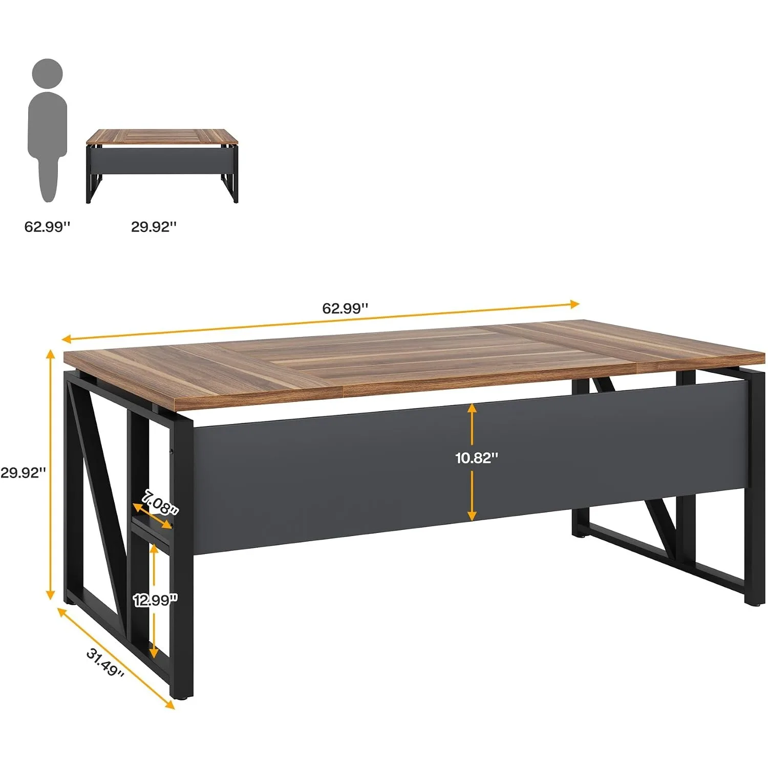 63 inches Computer Desk with Bottom Storage Shelf Home Office Desk Writing Table for Workstation, Dark Walnut + Steel Leg, Cabinet not Included (Walnul, 63-inch-with Shelf)