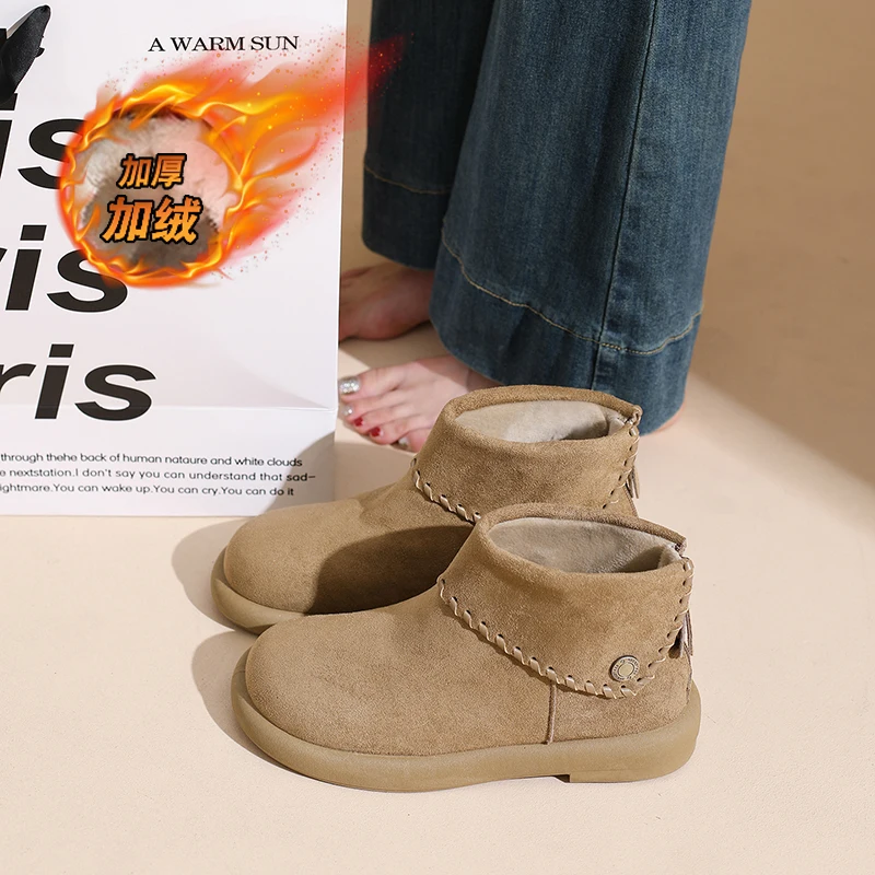 

CRLAYDK Womens Snow Short Boots Winter Ankle Warm Fur Lined Slip On Booties Sewing Comfortable Suede Outdoor Walking Flat Shoes