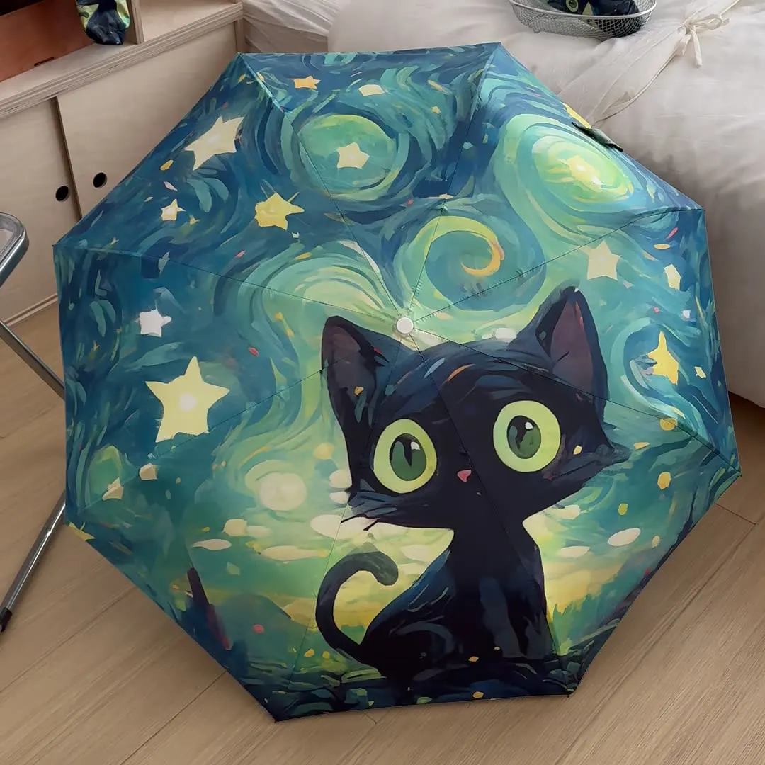 

8 Bones Black Cat Umbrella Van Gogh Inspired Folding Automatic Umbrellas for Women Windproof Travel Compact UV Sunshade Umbrella