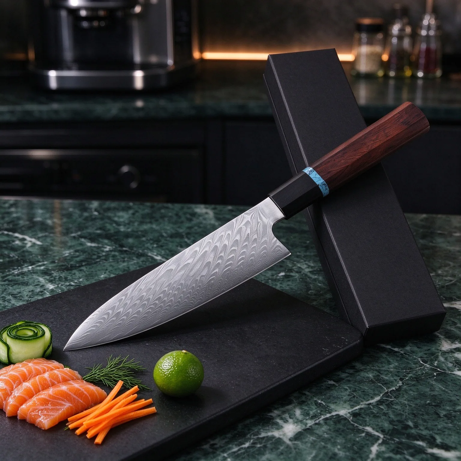 Professional kitchen cooking knife set - high-end Damascus steel kitchen knife with octagonal solid wood handle and chef's knife