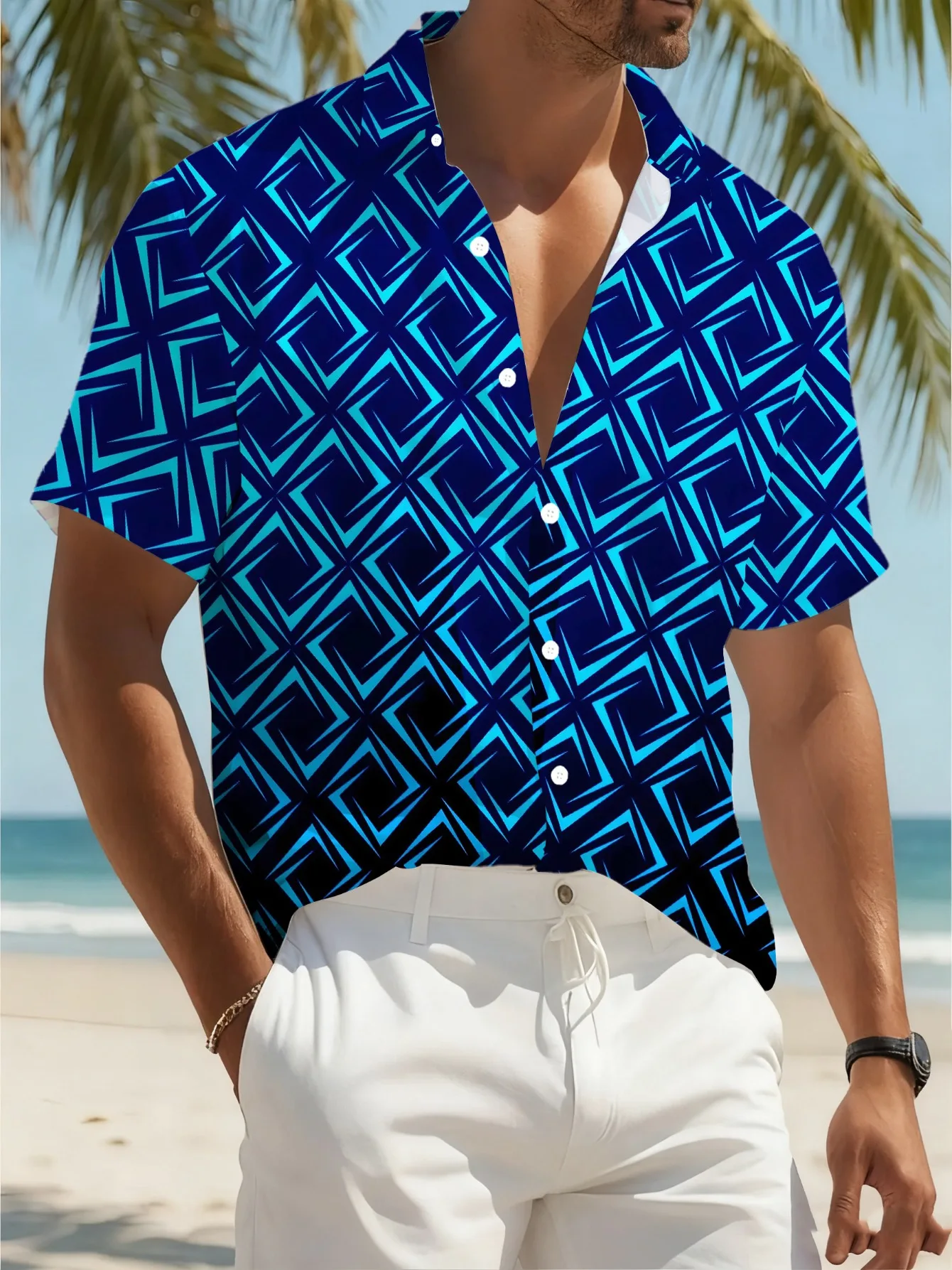 Men's Short Sleeve Button Shirt Navy Cyan Geometric Rhombus Line Print Casual Daily Vacation Hawaiian Mens Clothing