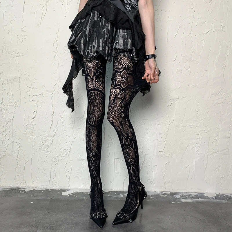 New Retro Totem Fishing Net Socks Sunflower Pattern Pantyhose Dark Night Gothic Wind Black Hollowed Jacquard Tights Stockings
