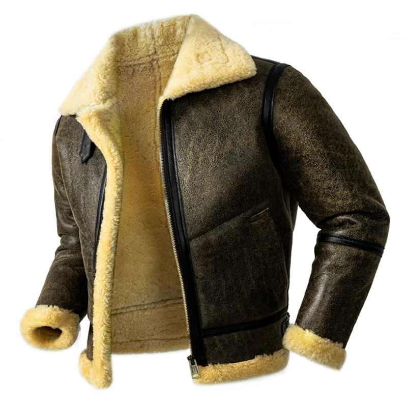 Vintage Brown Winter Men\'s Shearling Jacket Plus Size 6XL Military Style Natural Thick Sheepskin B3 Bomber Genuine Leather Coats