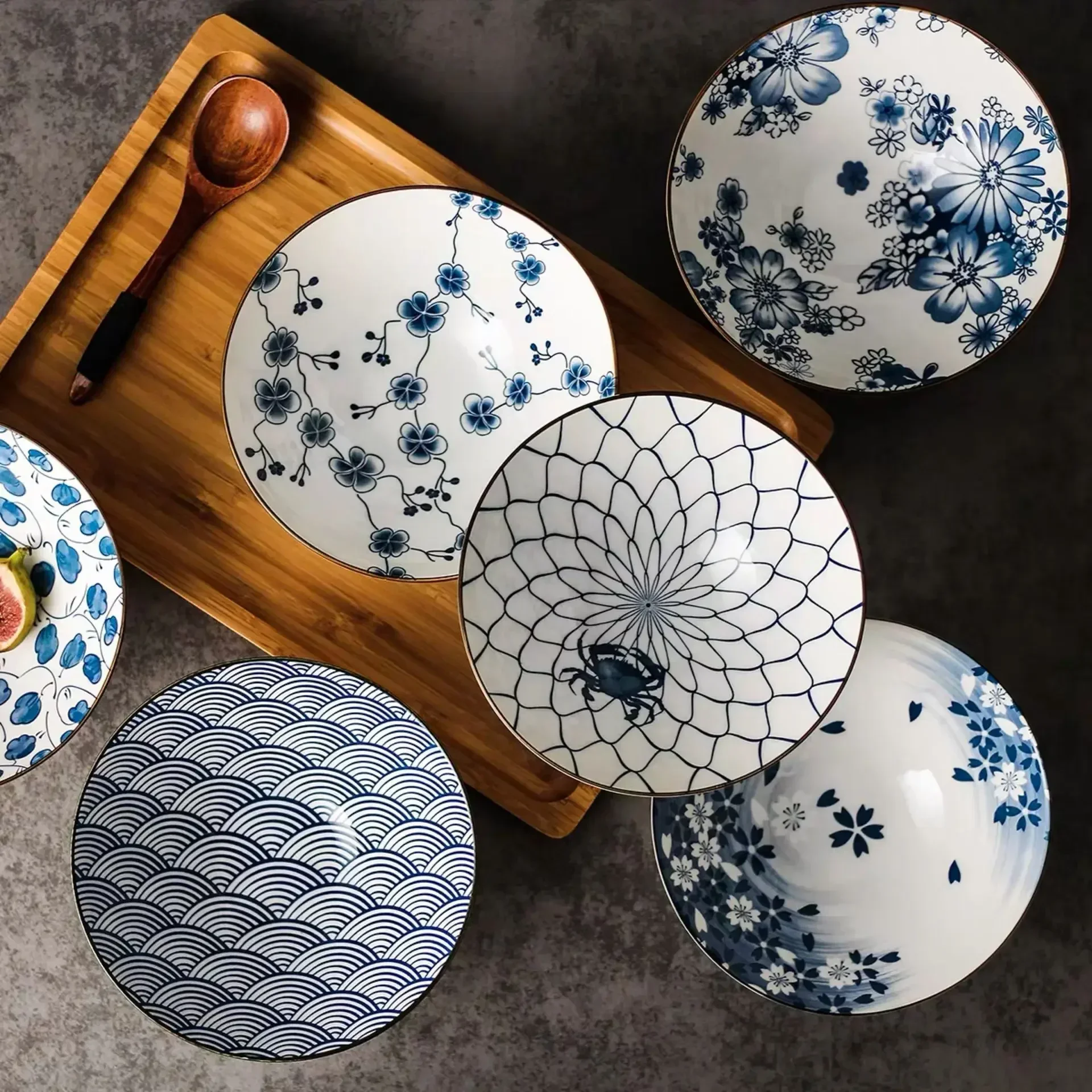 Japanese Ceramic Tableware, 8-inch Dobin Bowl, Flared Rim Ramen Soup Bowl, Creative and Stylish Underglaze Design