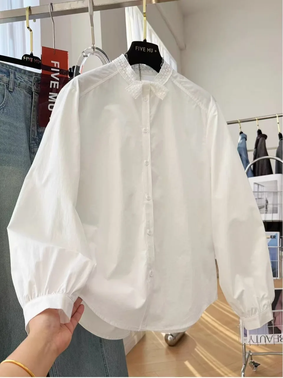 

Korean Sle Pure Cotton White Long Sve Women's irt Spring Faion Premium Lightweight Anti-Aging Knot Stand C...