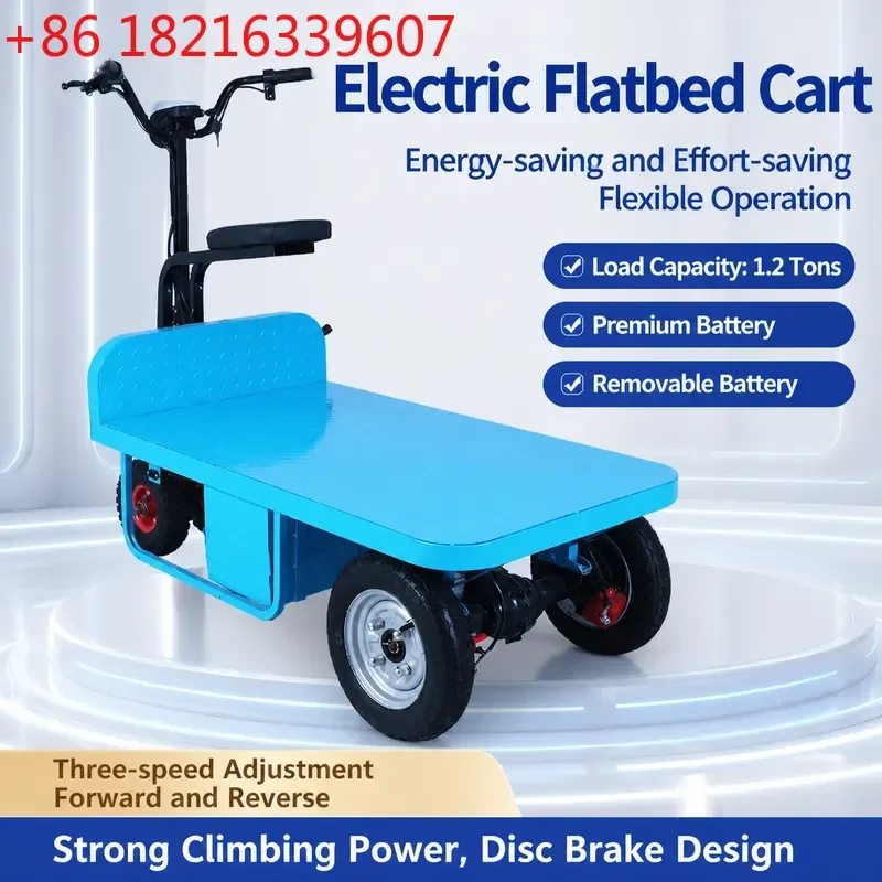 Electric Flatbed Cart Ride On Warehouse Cargo Handling Trolley Greenhouse Orchard Transporter Heavy Duty Load Carrier