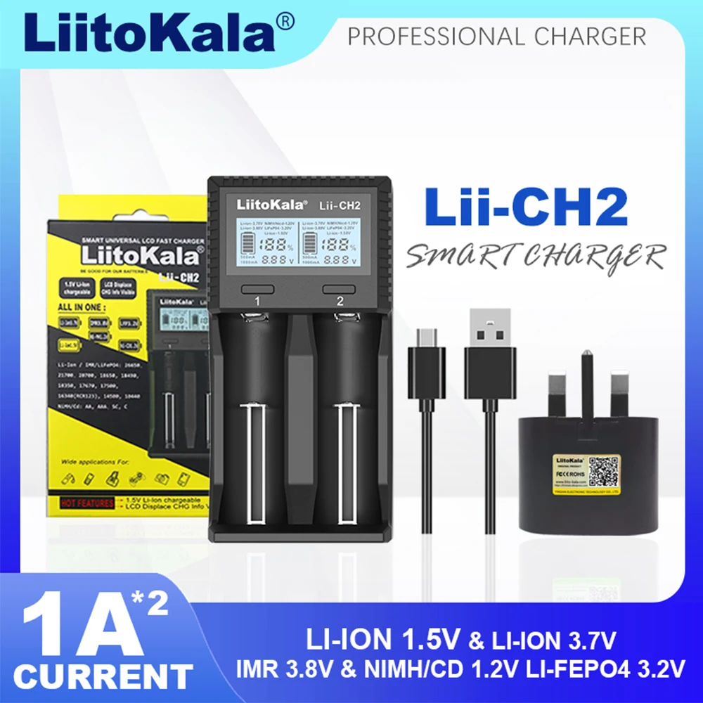 Liitokala Lii-CH2 1.5V Li-ion Battery Charger for NiMH LiFePO4 Li-ion 3.7V 1.2V 3.2V 1865021700 26650 14500 26700 18350 AA AAA