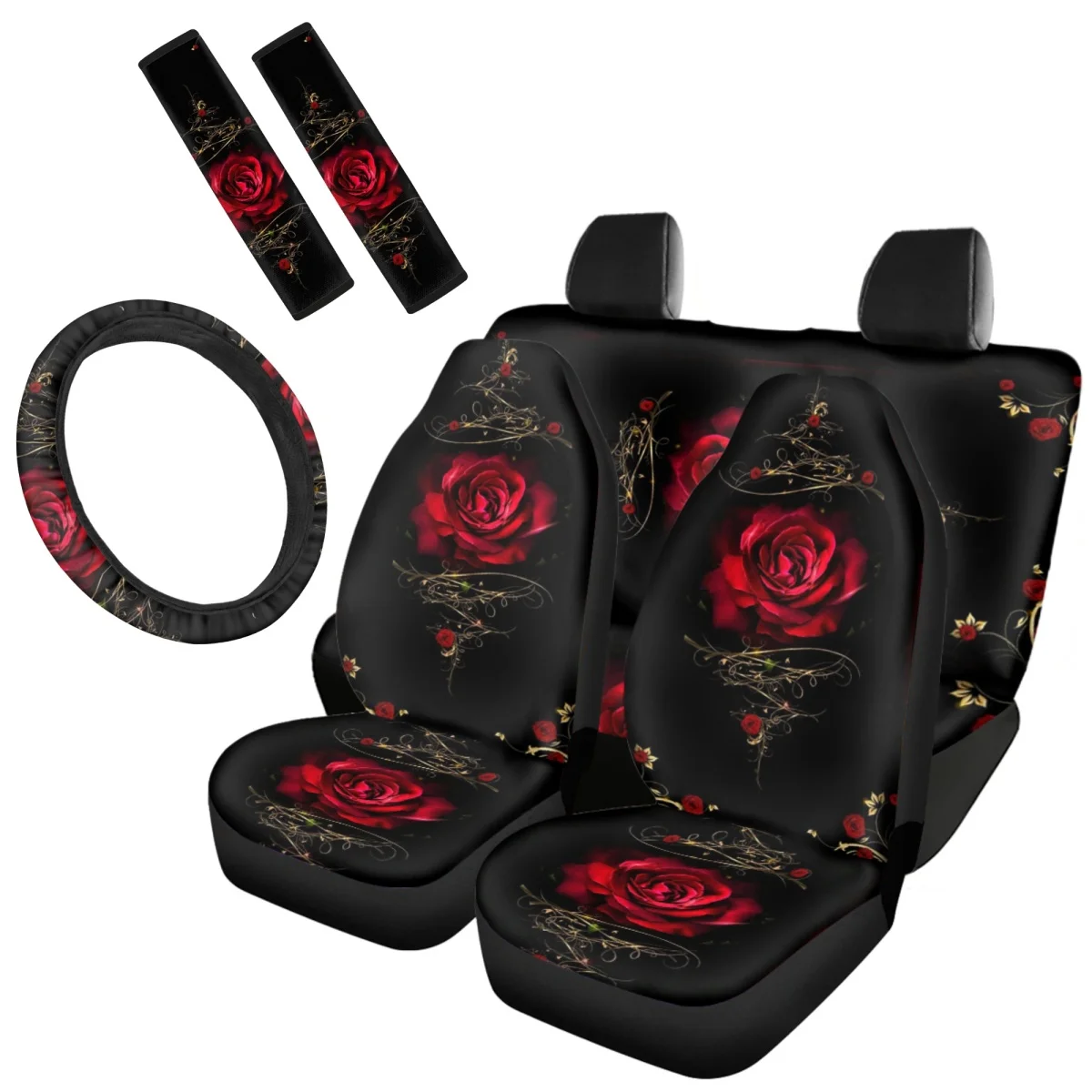 Car Accessories Gothic Red Rose Print Seat Cover for Women Summer Anti-UV Steering Wheel Cover Easy Install Seat Belt Cover Gift