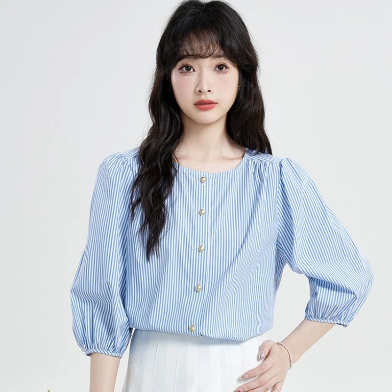 

Vintage Women's Blouses Chiffon Shirts Fashion Loose Summer O-neck Korean Clothing Short Sleeve Striped Women Tops