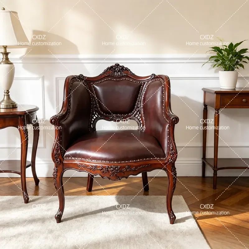 Solid Wood Sofa Chair Leather Single Seat Carved Living Room Furniture Balcony Leisure  Meeting Chair Book Reading