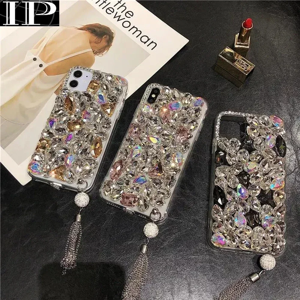 Luxury Bling Diamond Manual Phone Case For Samsung GalaxyS10 S20 Plus S21 S22 23Ultra Note 20 Cover with Metallic Tassel Pendant