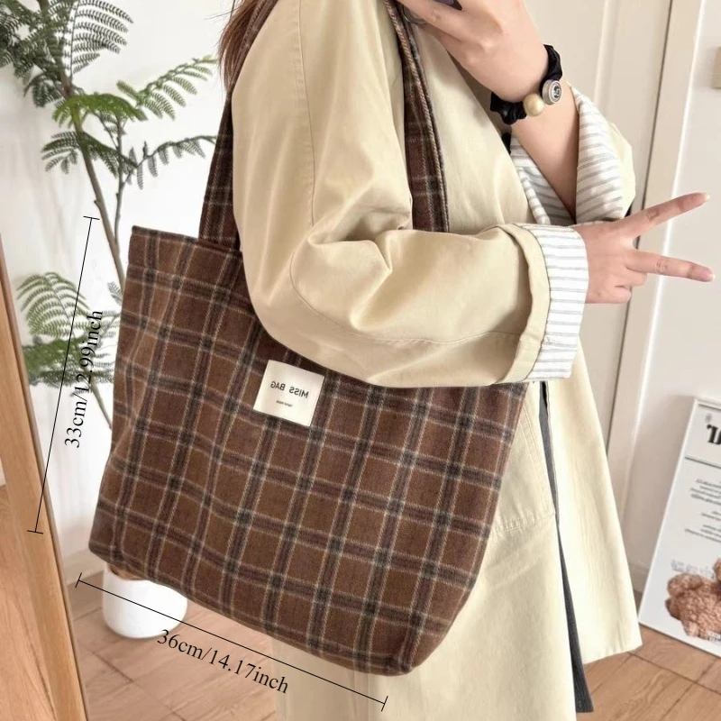 Autumn and winter checkered tote bag, ins laid-back single-shoulder bag, large-capacity handbag, for daily commuting view 6