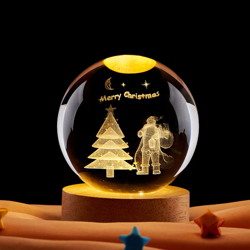 Natal cristal 3d laser escultura interna bola luz da noite esfera natal veado santa gravado brilhante nicho presente decoração para casa