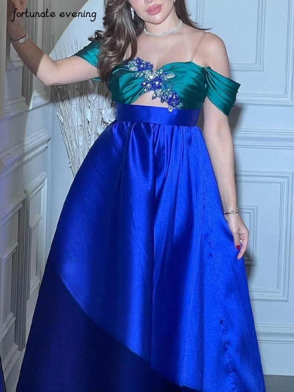 Fortunate Evening Elegant Vintage Green Blue Crystal Sexy Boat Neck A-Line Formal Occasion Prom Dress Evening Party Gowns