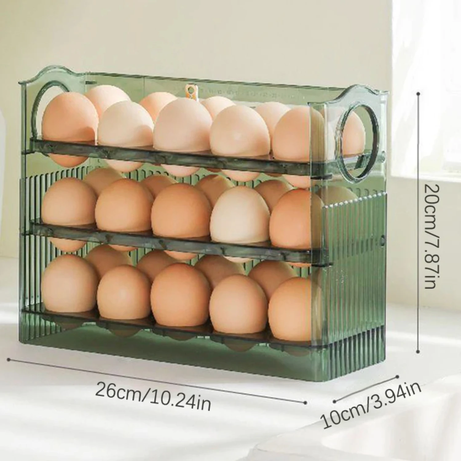 3-Tier Efficient Auto Flip Egg Organizer for Refrigerator Side Door or Countertop - Holds 30 Eggs securely in a Stylish Containe