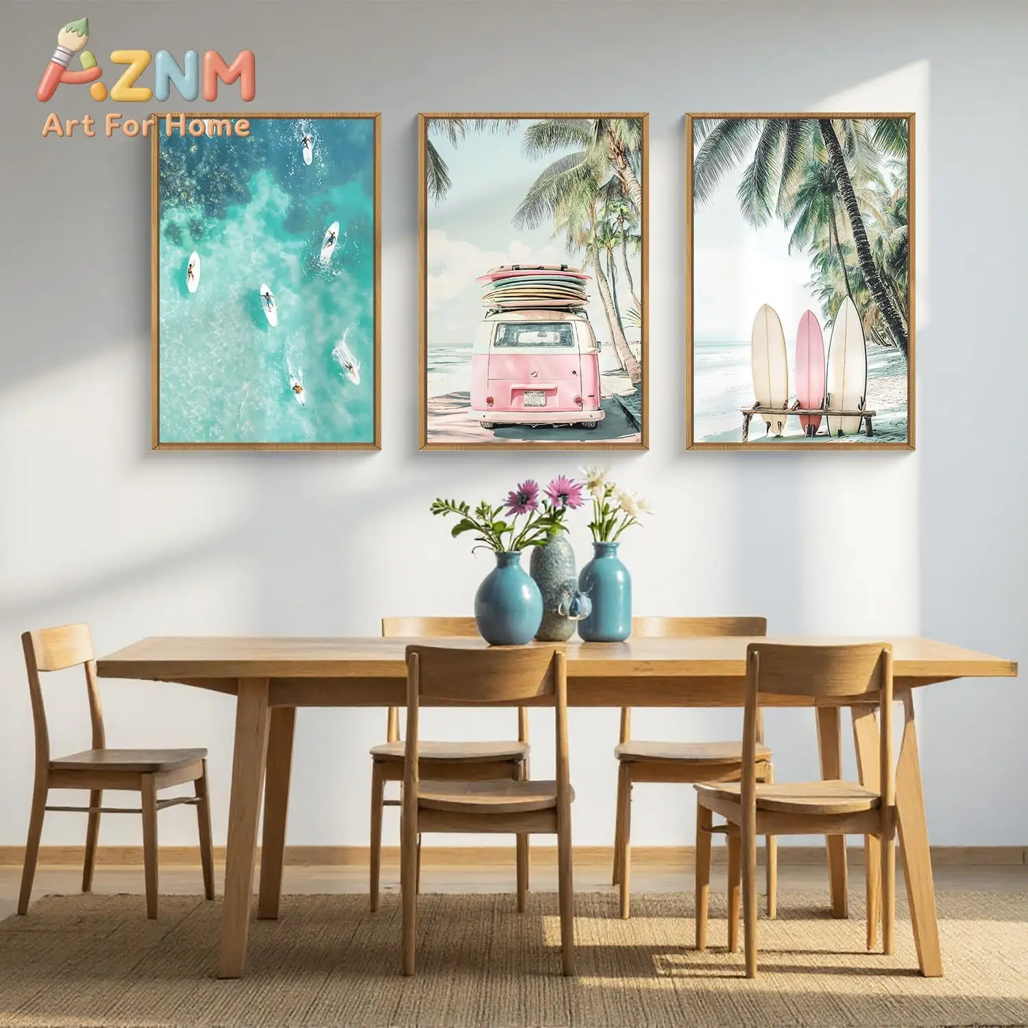 3pcs Summer Surfboard Beach Canvas Wall Art Surfing Sea View Coastal Bus Coconut Tree Wall Painting Living Room Home Decoration