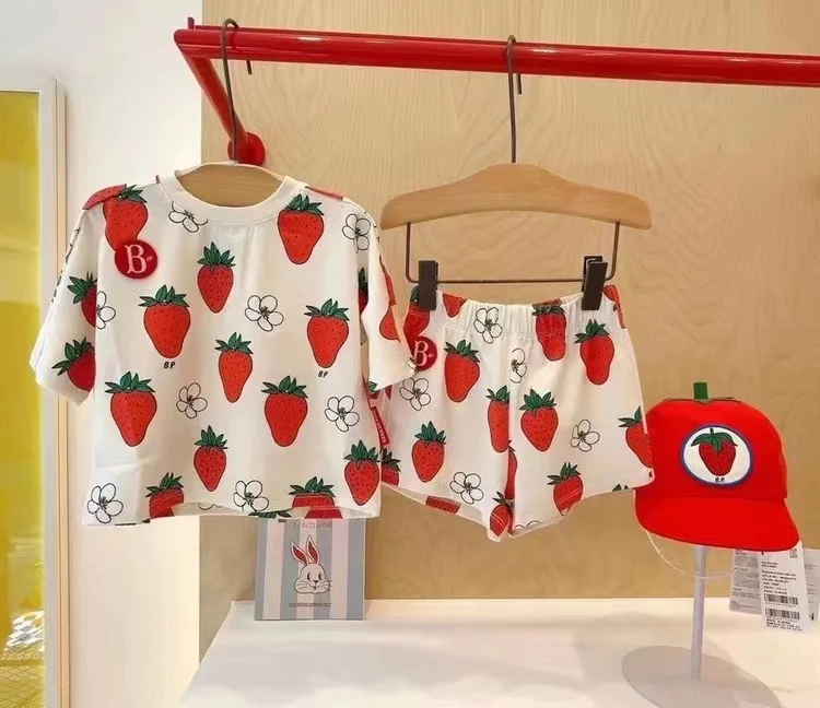 Summer Strawberry Set Girl\'s Strawberry Print Shirt+Shorts Two Piece Set Cotton Suit