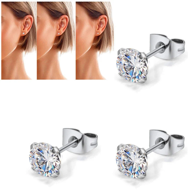 3-7mm 4 Claws Zirconia Crystal Earrings for Women Stainless Steel Gold Silver color Stud Earrings Jewelry Women Accessories