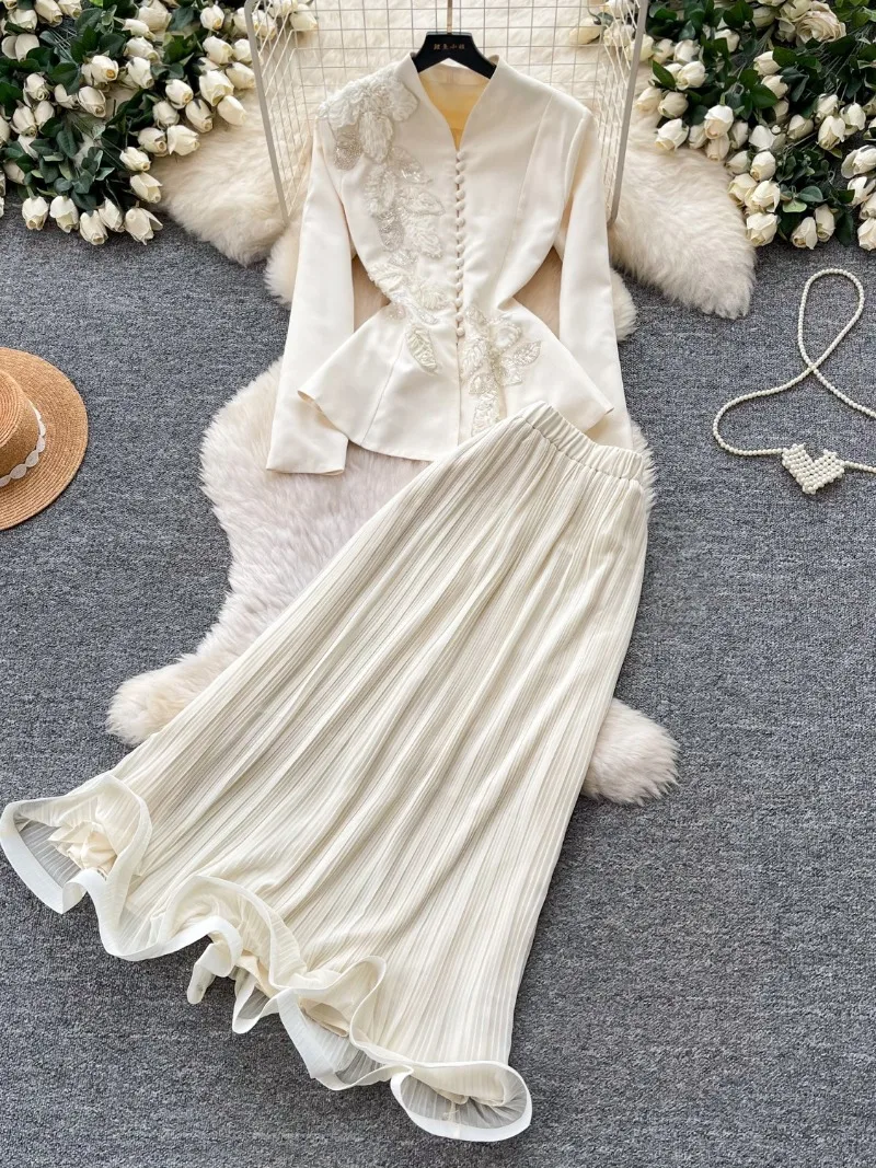 Skirt Suit Women Long Skirts 2 Piece Sets Button Solid Irregular Pleated Skirt Outfits Party Ensemble Top A Line Spring 2026