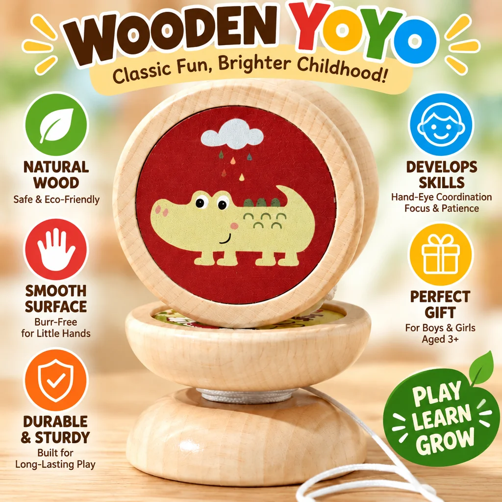 1SET Cartoon Wooden Yo-Yo for Kids, 1A Beginner YoYo Toy with Smooth String, Fun Hand-Eye Coordination and Focus Training Gift