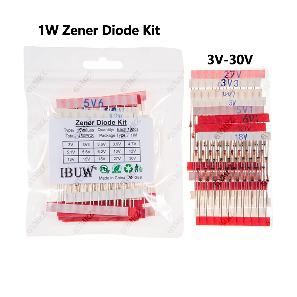 150PCS 15Values 1W Zener Diode Kit 3V 5.1V 3V3 3V-30V for Voltage Regulation Electronic Projects 5.6V 13V 3.6V 6.2V 18V 3.9V 10V