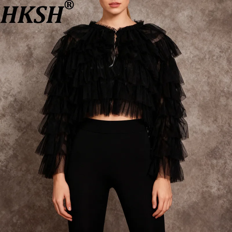 

HKSH Spring Summer New Women Shirt Sweet Solid Color Mesh Layered Ruffled O-neck Long Sleeve Sexy Blouse Elegant Ins Top HK16749