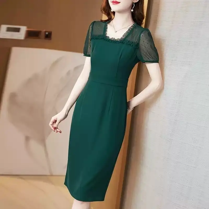 2023 New Summer Elegant Patchwork Solid Color Square Collar Short Sleeve Ladies Dresses Women Clothes Simplicity Lace Midi Dress