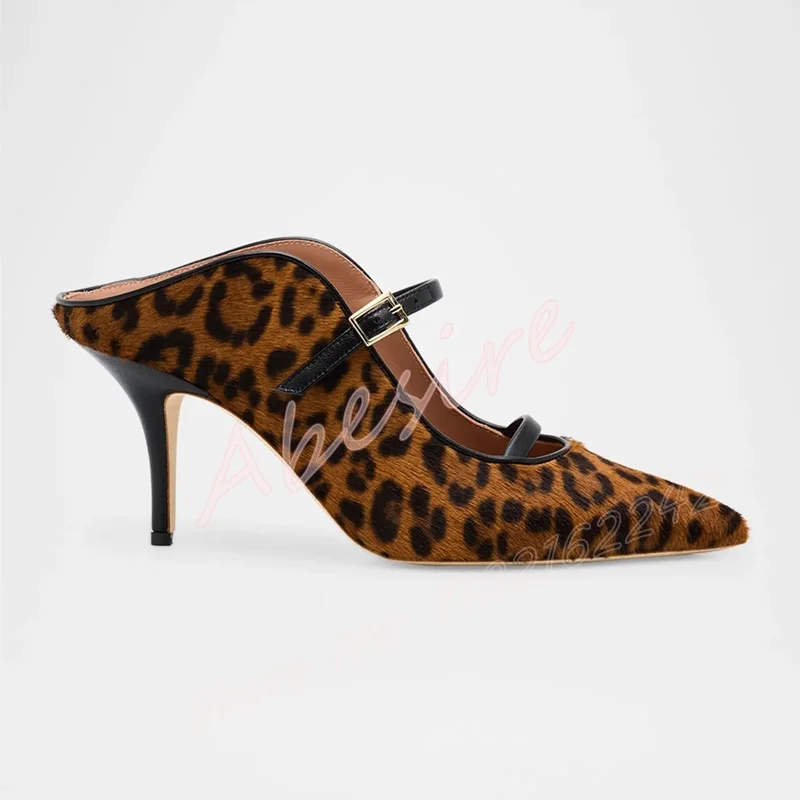 

Women'S Pointed Toe Buckle Strap Mules Retro Leopard Print Stilettos Roman Shoes Fashion Luxury Party High Heels Slip-On Pumps
