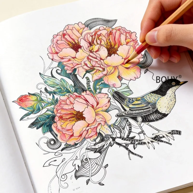 1 Flower Mandala Flower and Bird Adult Quiet Coloring Picture Book, 24 Pages of Drawing Pages Adult Emotional Release Hand Drawn