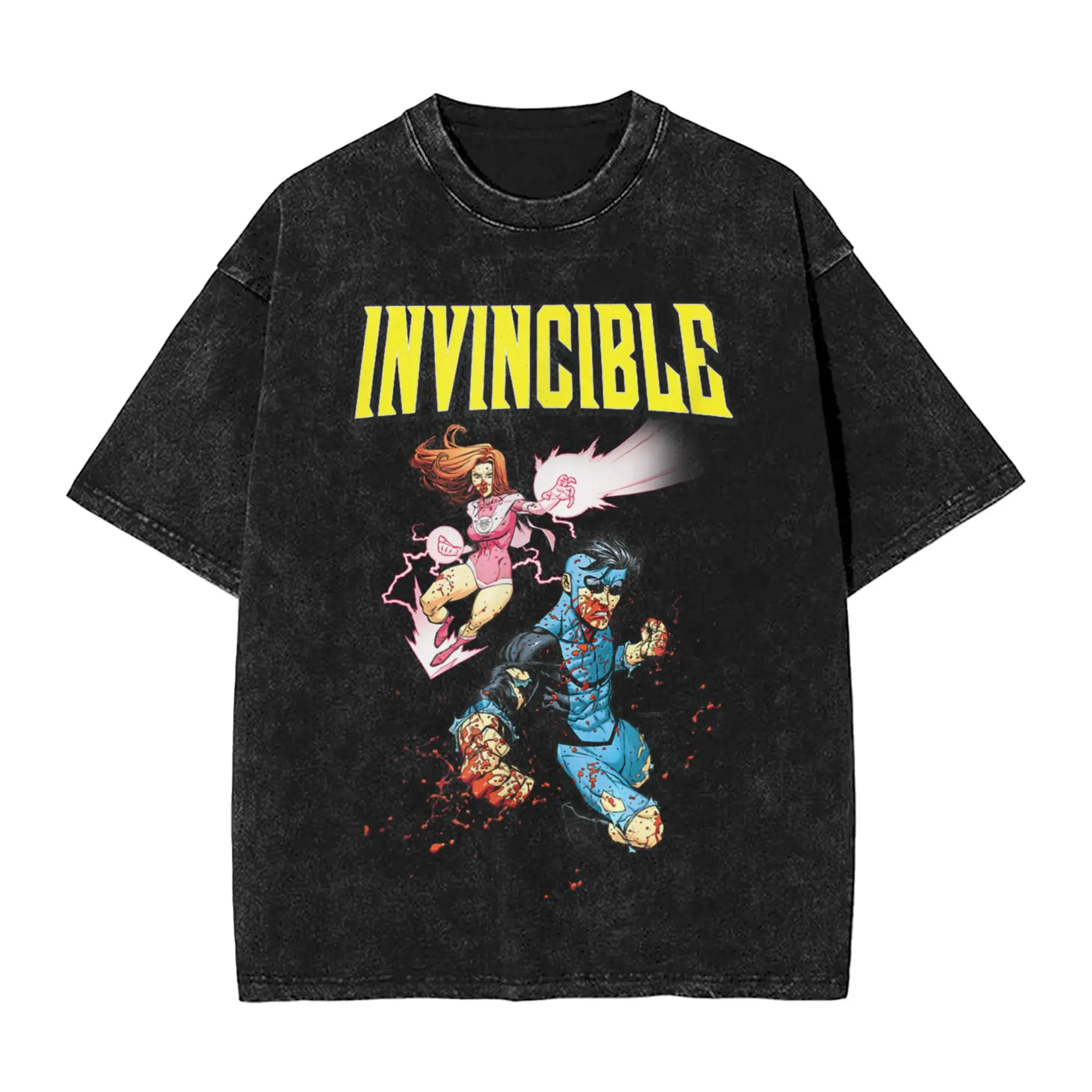 Invincible and Atom Eve Attack Men T Shirt Washed  Casual Tee Shirt Short Sleeve Crew Neck T-Shirt 100% Cotton Classic Tops