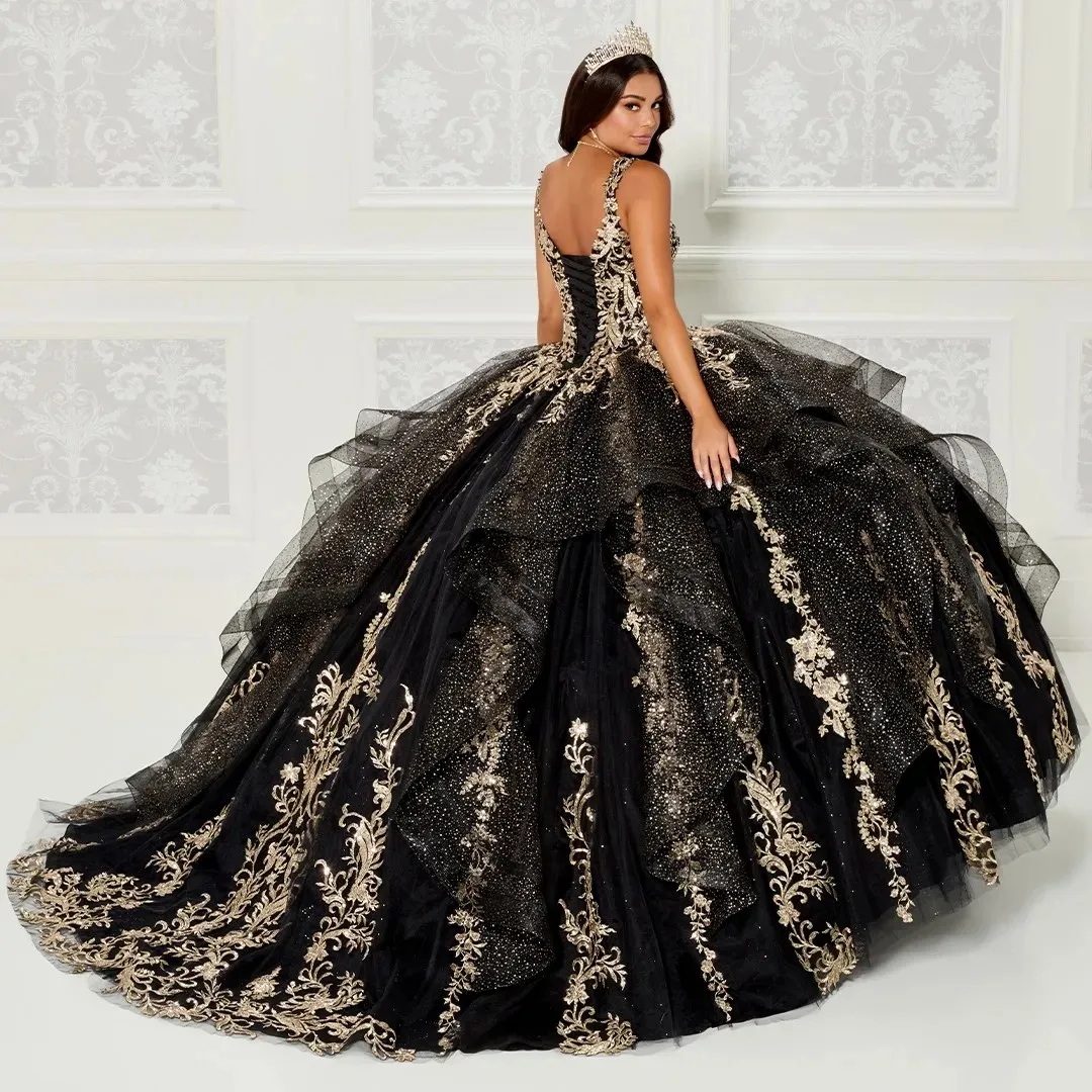 Black Quinceanera Dresses Ball Gown Spaghetti Straps Tulle Appliques Puffy Mexican Sweet 16 Dresses Charro 15 Anos Customized