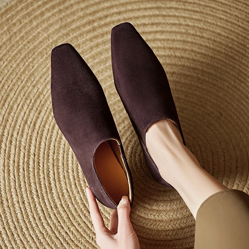 2026 new spring summer women pumps natural leather 22-25cm kid suede+sheepskin+pigskin square toe low heel women shoes fashion