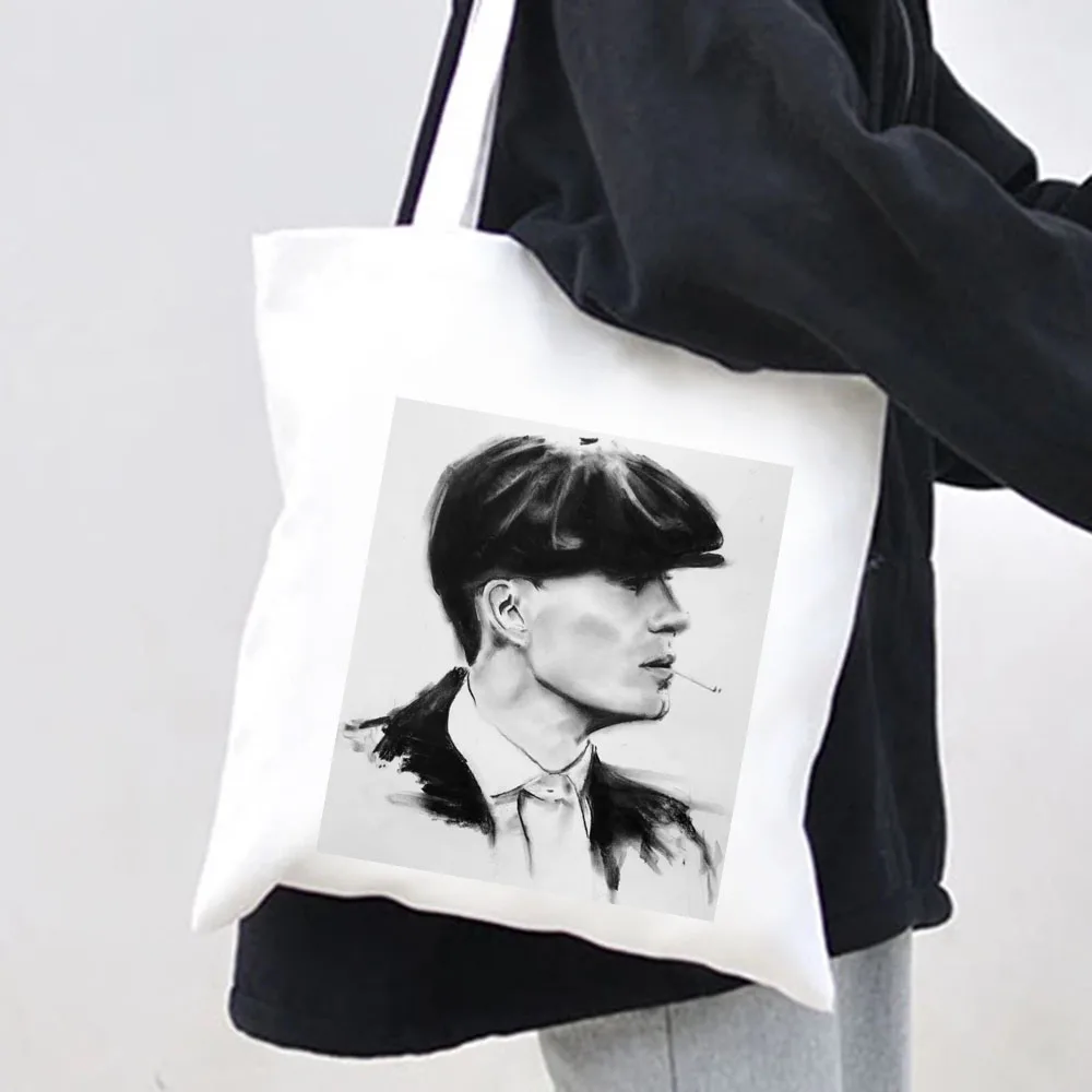 Thomas Shelby Portrait Peaky Blinders Women Canvas Shoulder Bags Harajuku Handbag Totes Eco Shopper Reusable Cotton Shopping Bag