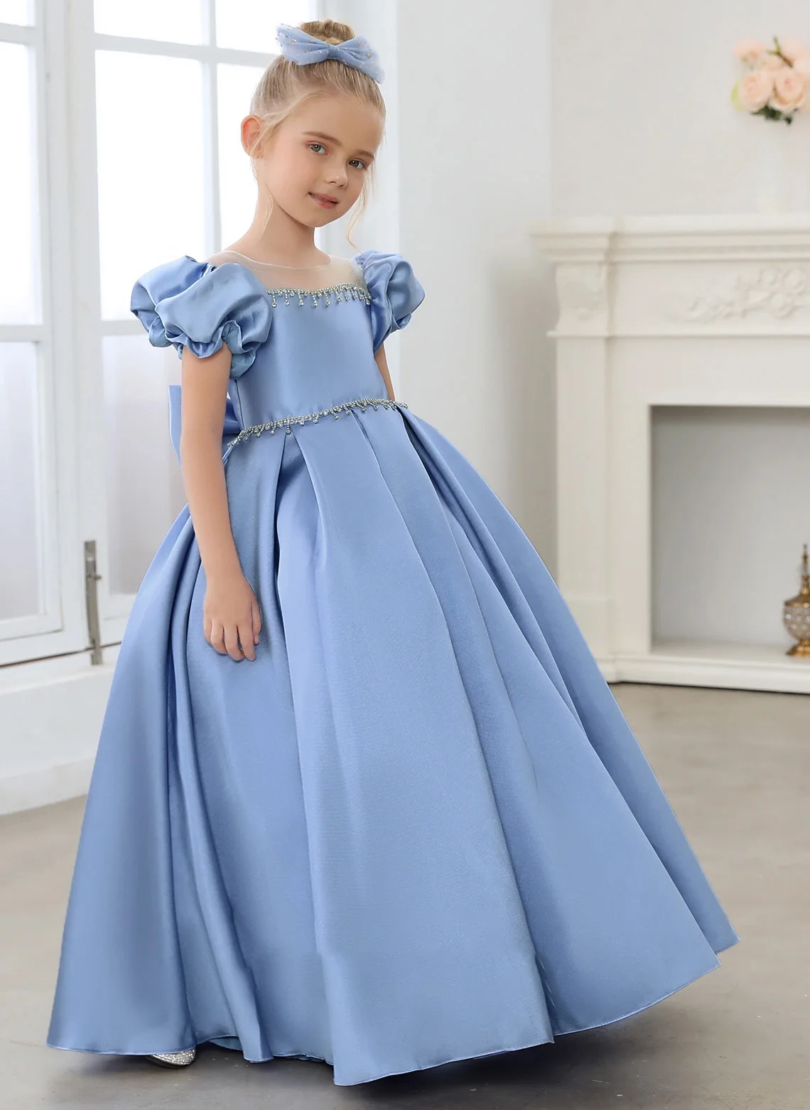 Princesa Scoop chão vestido de baile, vestido de cetim flor menina, vestido de noite, elegante banquete vestidos, novo