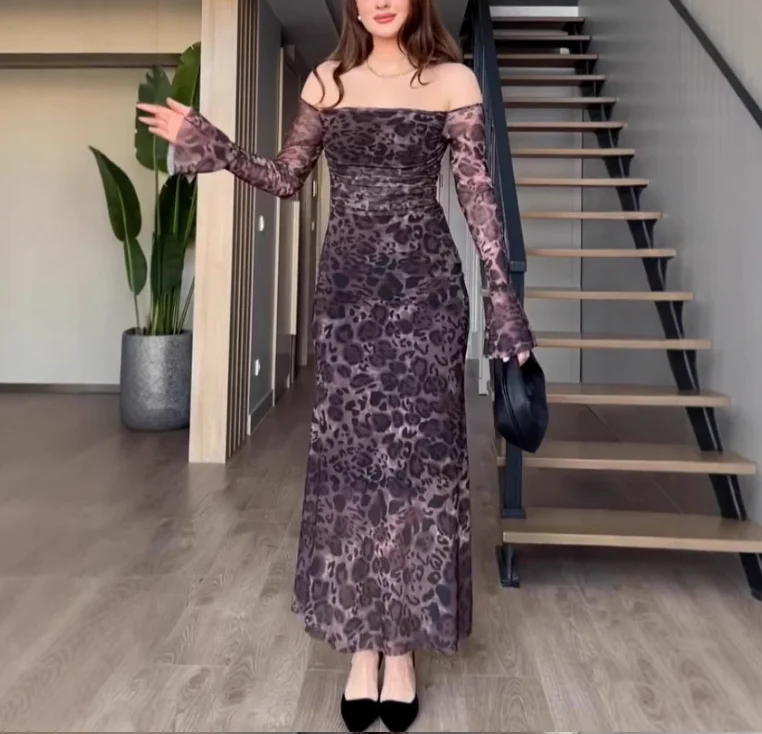 

Y2K Midi Dress Woman 2025 New Party Elegant Retro Style Single Neck Off Shoulder Long Sleeved Mesh Leopard Print Fishtail Dress