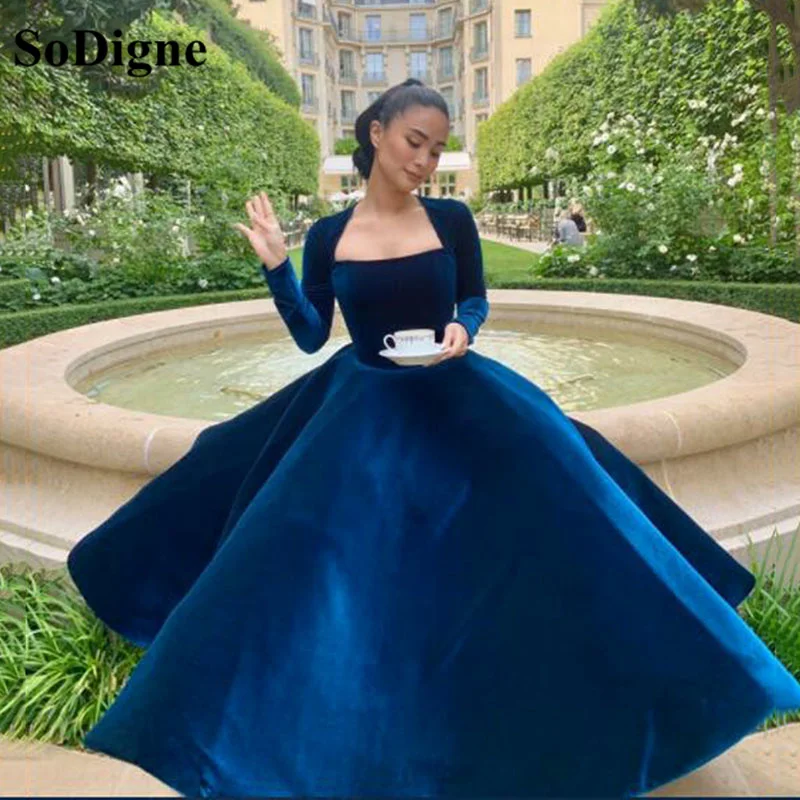 

SoDigne Velvet Blue Long Sleeves Prom Dresses With Long Sleeves Saudi Arabia Square Neck A Line Evening Formal Party Dress