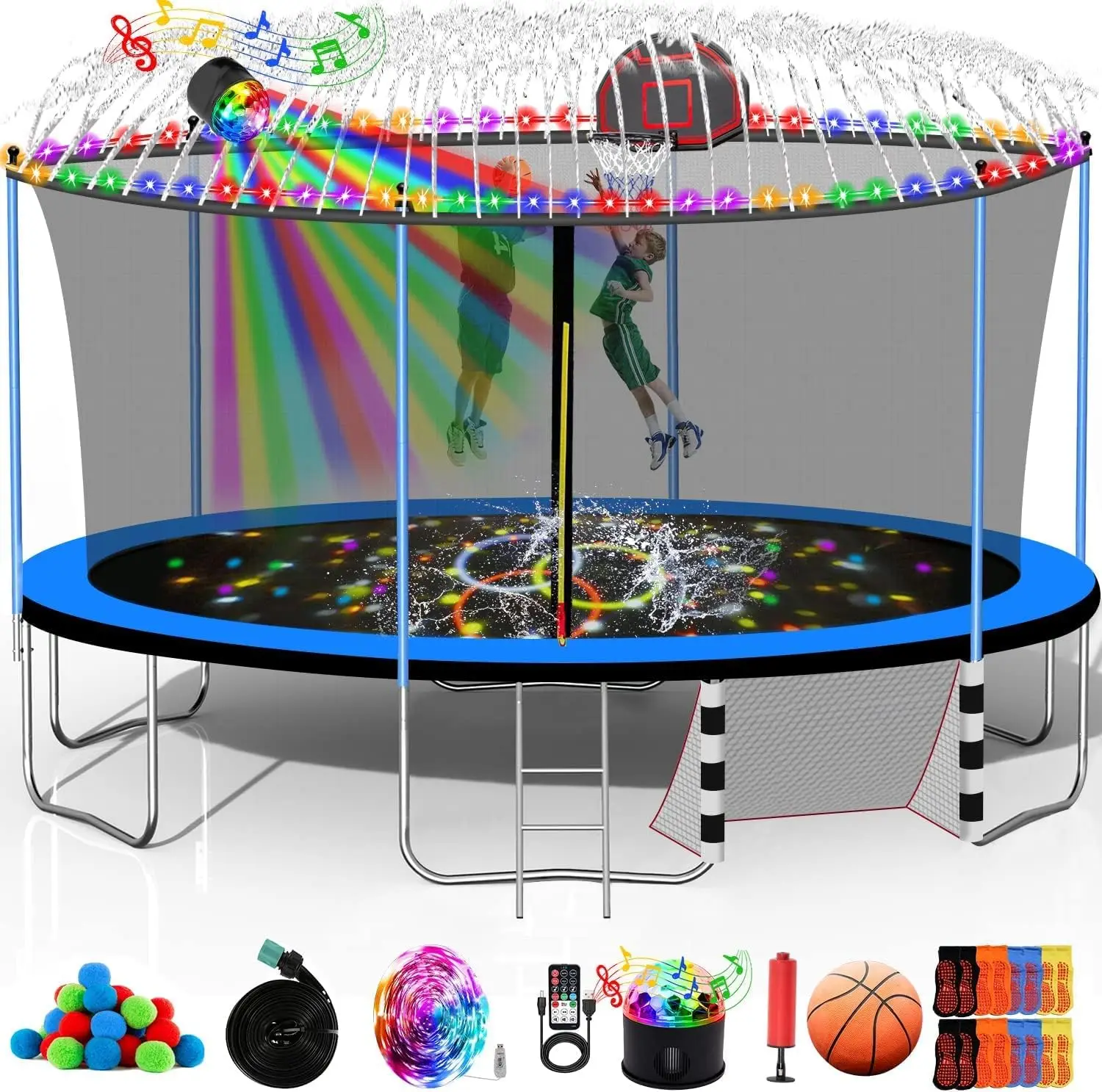 

10FT 16FT Heavy Duty Trampoline with Basketball and Enclosure Net Anti Rust Steel Poles