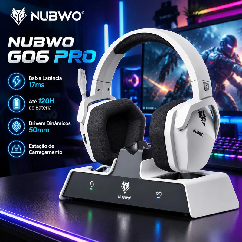 NUBWO G06 Fone de Ouvido Gamer Sem Fio com Base de Carregamento para Fone e Controle PS5 Bateria Longa Duração Áudio Estéreo Microfone HD Cancelamento Ruído RGB Luz LED para PS5 PS4 PC Switch Celular Laptop Jogo Online