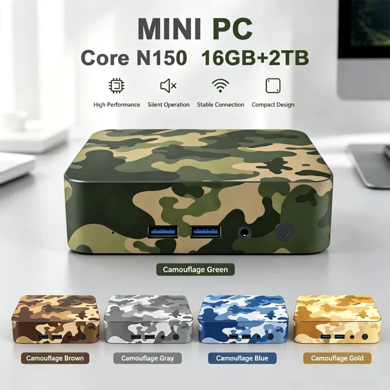 Camouflage Mini PC Intel N150 Dual HDMI LAN USB 16G+2TB Storage Quiet Cooling Mini Desktop For Light Gaming Office