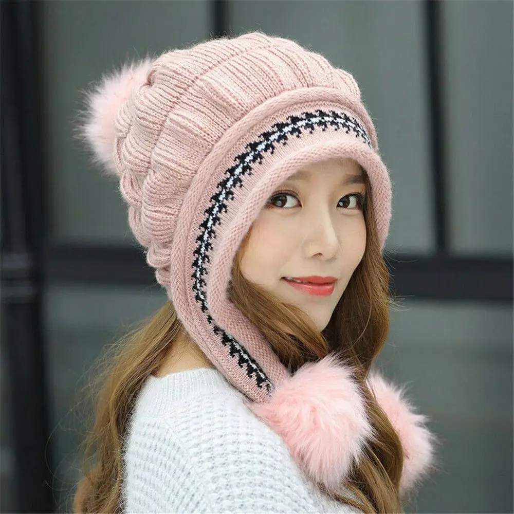 Winter Beanie Hat Gloves Set Ladies Double Pom Pom Fur Skullcap Women Warm Knitted Bobble Ski Cap Outdoor Casual Beret Hat