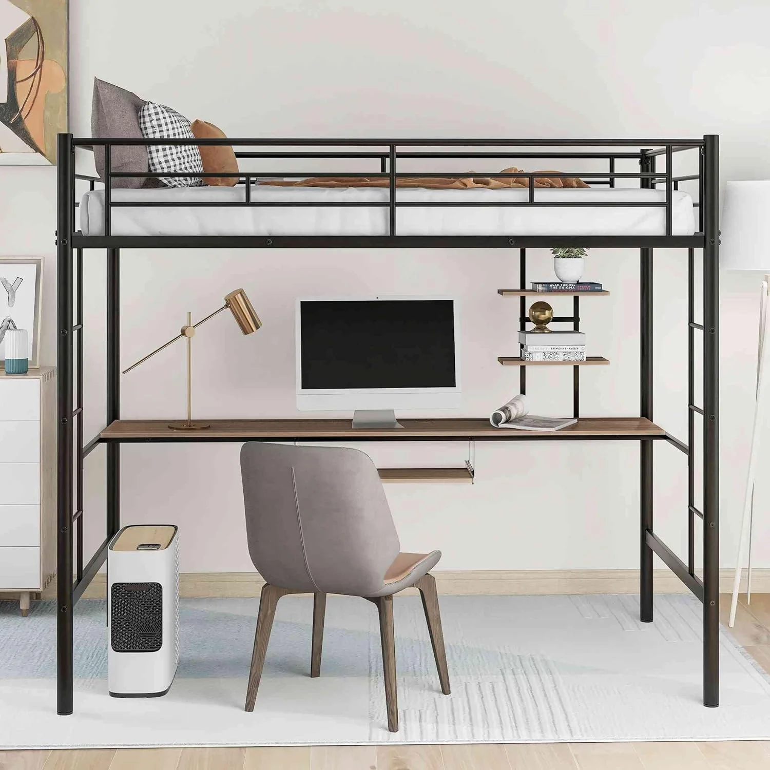 

Wrought iron simple modern duplex small apartment space saving multi-functional elevated bed sheet upper be