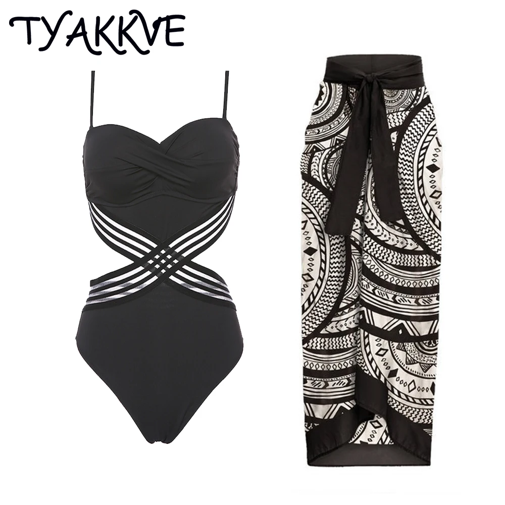 TYAKKVE New 2024 One Piece Women's Swimsuit Sexy Black Heart-shaped Backless Swimwear Beach Dress Bathing Suit Two-piece Set