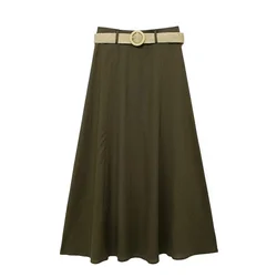 UNIZERA2024 Summer New Fashion Women's High Waist A-line Edition with Belt Linen Blended Cloak Midi Skirt