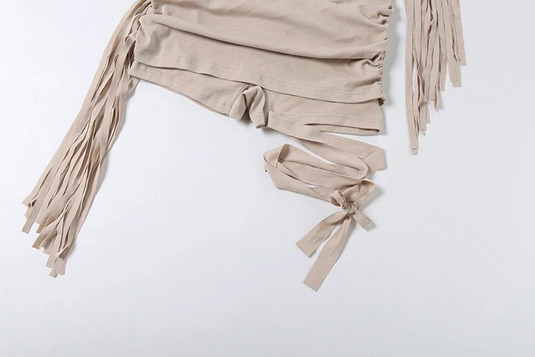 Weird Puss Sexy Quasten-2-Teiler-Set für Damen, schräge Schultern, Bandage-Weste + elastische Taille, klassische Falten, kurzer Mitternachts-Hottie-Anzug – Detail 11