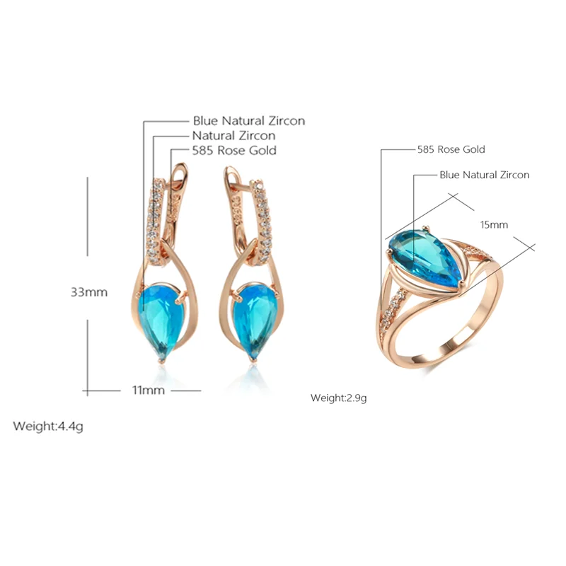 Wbmqda Luxury Blue Natural Zircon Long Drop Earrings Ring For Women 585 Rose Gold Color Fashion Wedding Party Fine Jewelry Sets