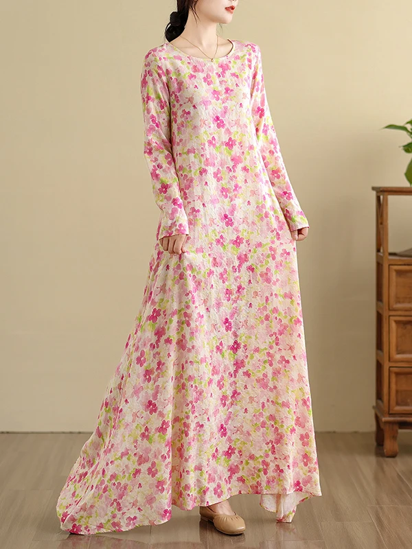 Elegant Floral Print Long Sleeve round Neck Dress Women's Early Autumn Loose Slimming Loose Feel Long Dress Commute Vintage