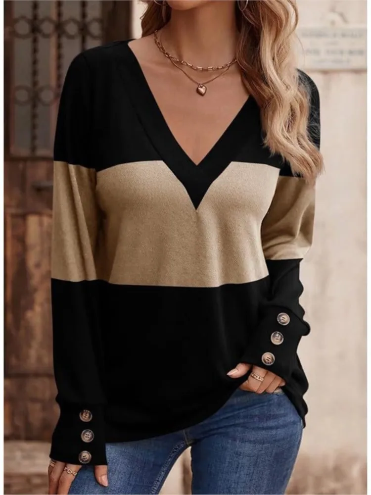 Women's Spring Autumn New Color Blocked Long Sleeved T-shirt Sexy V-neck Color Blocked Button Hooded Casual Top