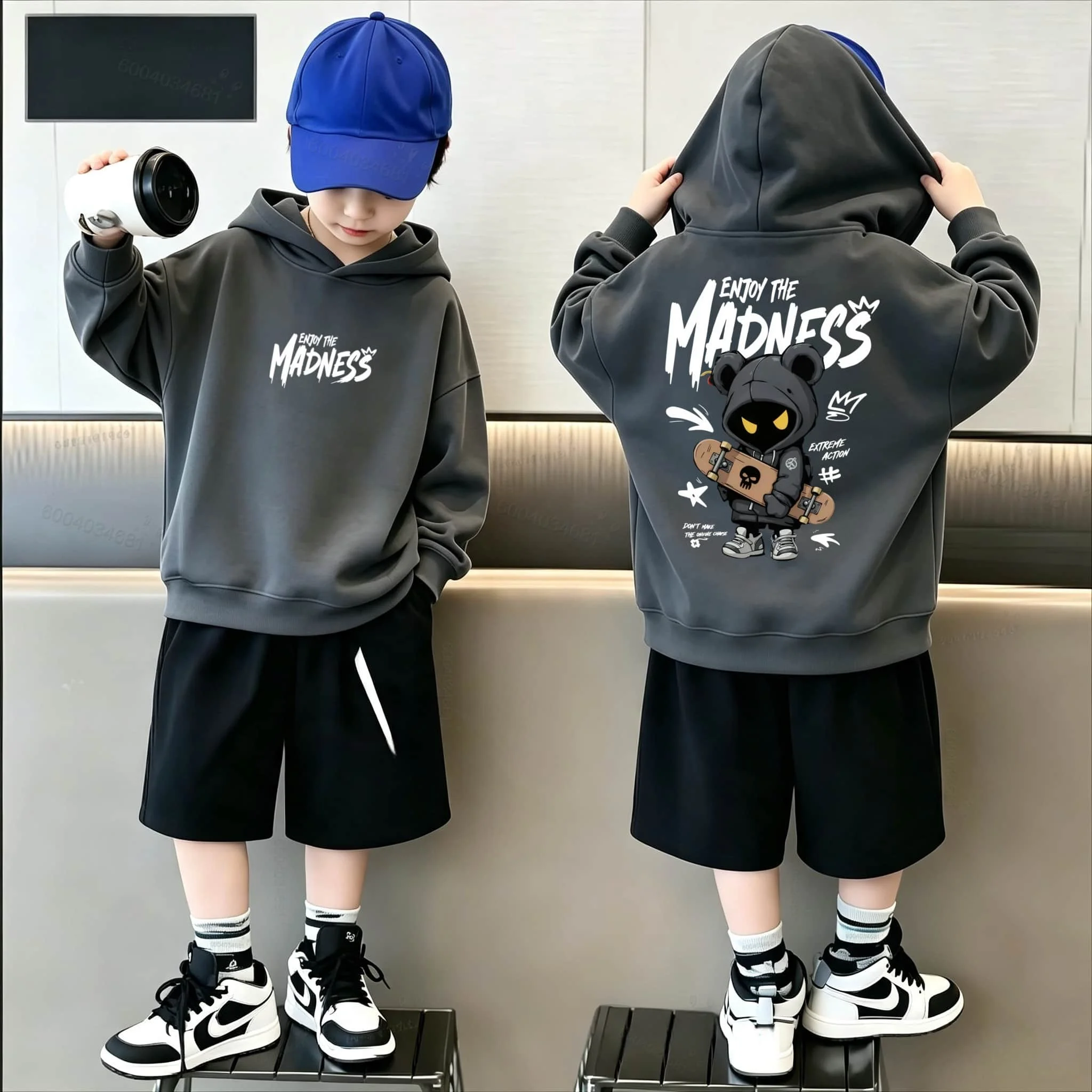 Fashionable bear-themed trendy printed children's hooded sweatshirt. A comfortable and soft pullover for boys, girls or babies.